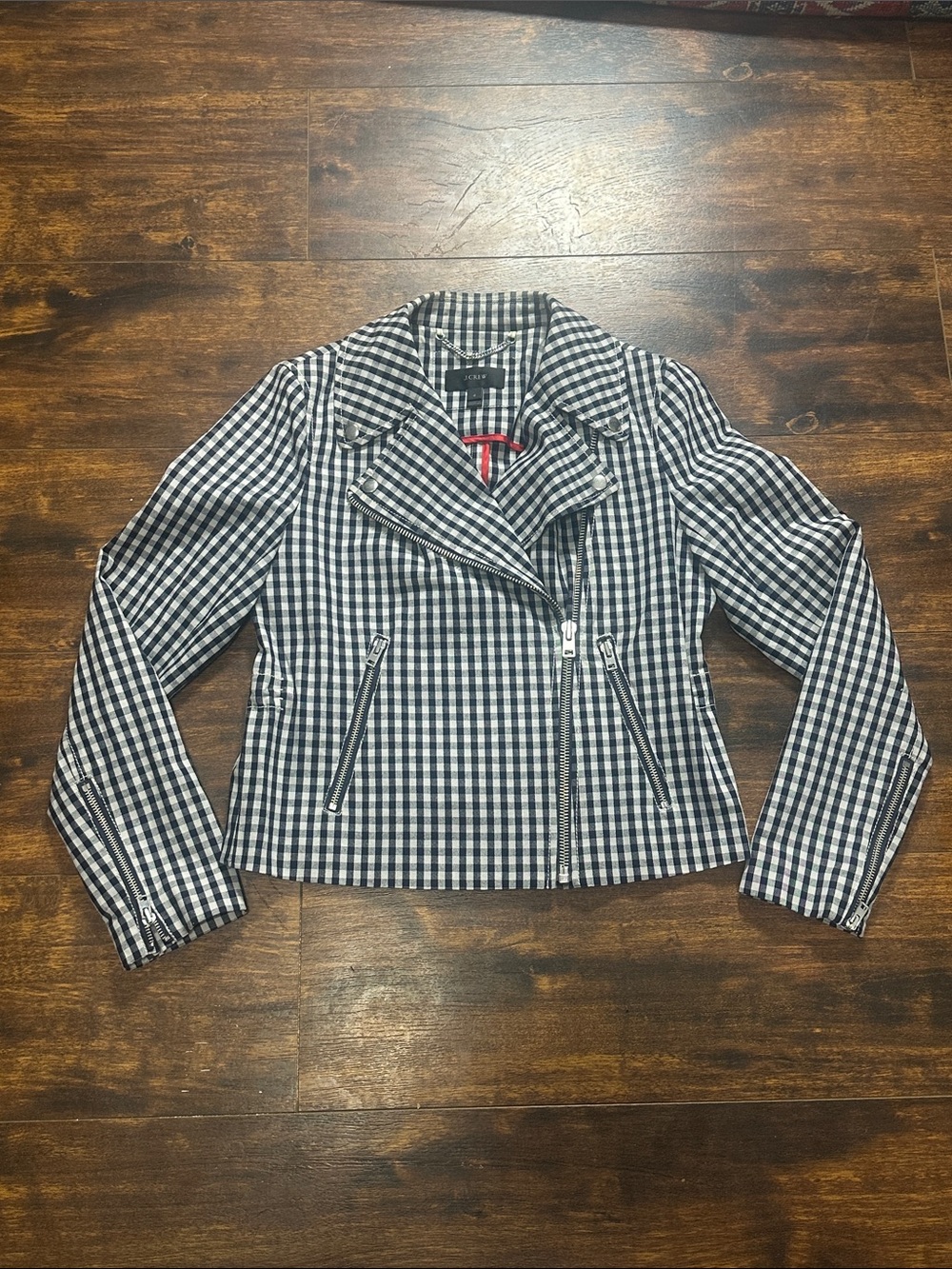 🚨 J.Crew Navy Gingham Cropped Moto Jacket Sz 6 EUC ✨